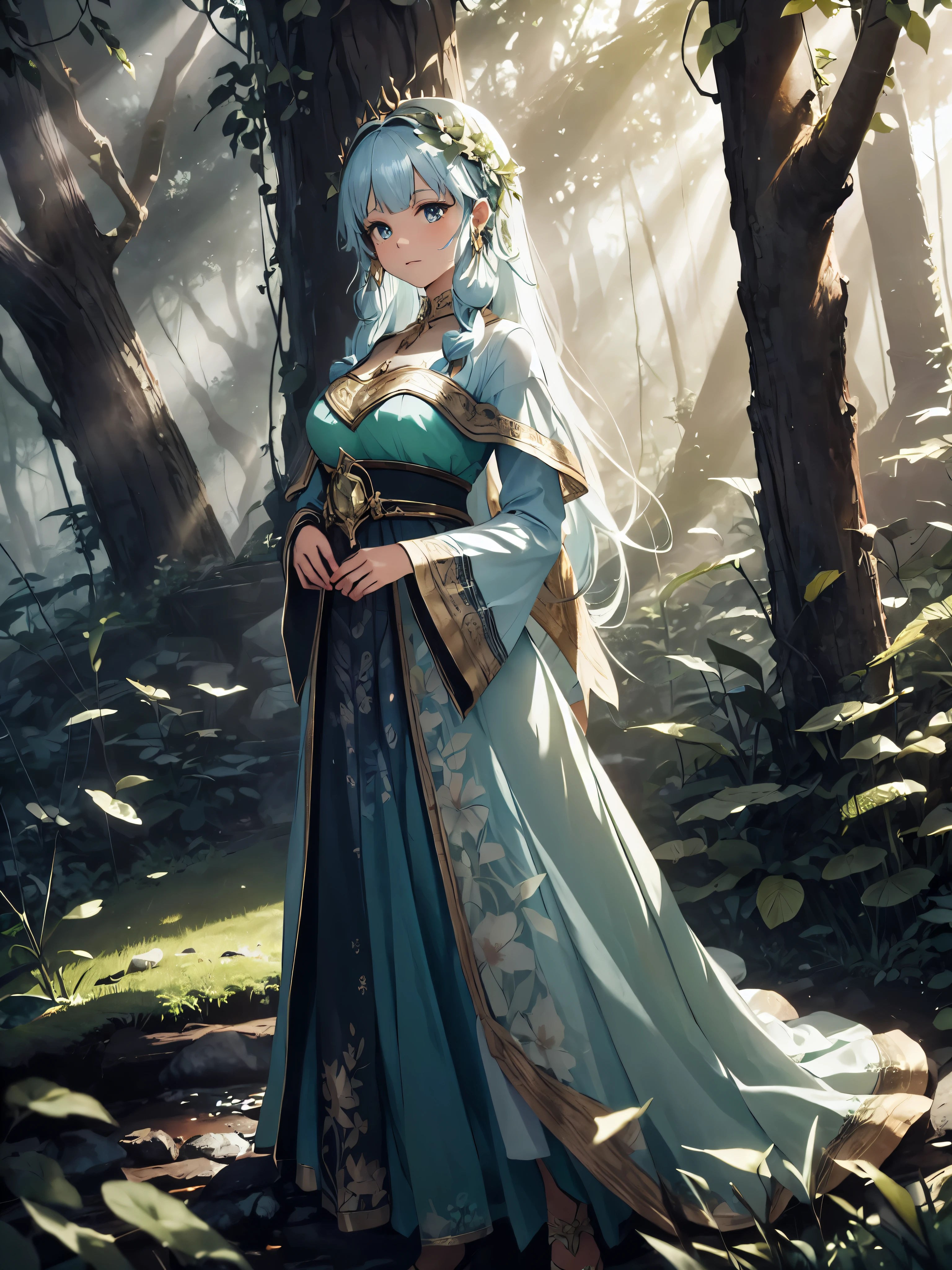 Create an enchanting, ethereal scene set deep within an ancient, magical forest at the golden hour of twilight. The soft, warm light filters through the tall trees, casting dappled patterns on the lush, green forest floor. The atmosphere is serene and filled with a sense of timelessness, as if this part of the forest has been untouched for centuries.In the center of the scene, a beautiful young woman stands gracefully. She is dressed in an exquisite, flowing gown that seems to be inspired by nature itself. The dress is a delicate blend of soft greens and earthy tones, adorned with intricate floral embroidery and shimmering details that catch the light. The gown’s fabric is light and airy, trailing softly on the forest floor as she walks, almost blending with the surrounding foliage.Her long, wavy hair cascades down her shoulders, adorned with a simple, yet elegant, natural crown made of small leaves and flowers, enhancing her connection to the forest. Her expression is serene, her gaze slightly lowered as if she’s lost in a moment of peaceful reflection or perhaps communing with the nature around her.Surrounding her, the forest is alive with vibrant greenery. Ivy climbs up the trees, and small, delicate flowers peek out from the underbrush, adding splashes of soft color to the scene. The light filtering through the leaves creates a soft glow, giving the entire scene a magical, almost otherworldly feel.The overall mood of the image should evoke a sense of enchantment and tranquility, as if the viewer has stumbled upon a mystical, hidden world where nature and beauty are in perfect harmony.