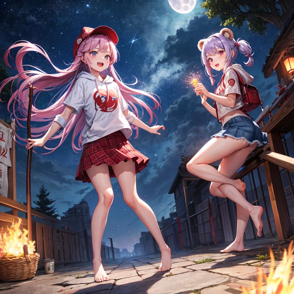 Red, blue and light purple hair、Red eyes、Braid、One cute girl、solo、And soul、Light clothing、Checked mini skirt、petal、black t-shirts、hoodie、bear ears baseball cap、large tree、Thundercloud、Burning Full Moon、desert、barefoot、Stones are piled up、Teeth are visible、Fortress City、Tilting face、Starry Sky、firework、Walking stick、Note