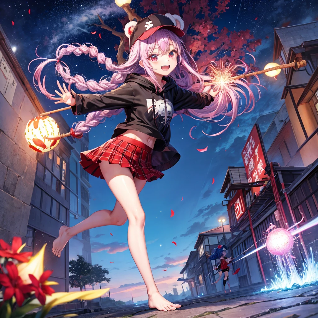 Red, blue and light purple hair、Red eyes、Braid、One cute girl、solo、And soul、Light clothing、Checked mini skirt、petal、black t-shirts、hoodie、bear ears baseball cap、large tree、Thundercloud、Burning Full Moon、desert、barefoot、Stones are piled up、Teeth are visible、Fortress City、Tilting face、Starry Sky、firework、Walking stick、Note