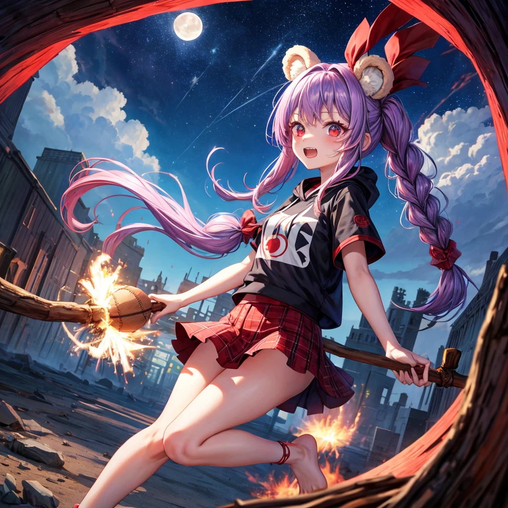 Red, blue and light purple hair、Red eyes、Braid、One cute girl、solo、And soul、Light clothing、Checked mini skirt、petal、black t-shirts、hoodie、bear ears baseball cap、large tree、Thundercloud、Burning Full Moon、desert、barefoot、Stones are piled up、Teeth are visible、Fortress City、Tilting face、Starry Sky、firework、Walking stick、Note