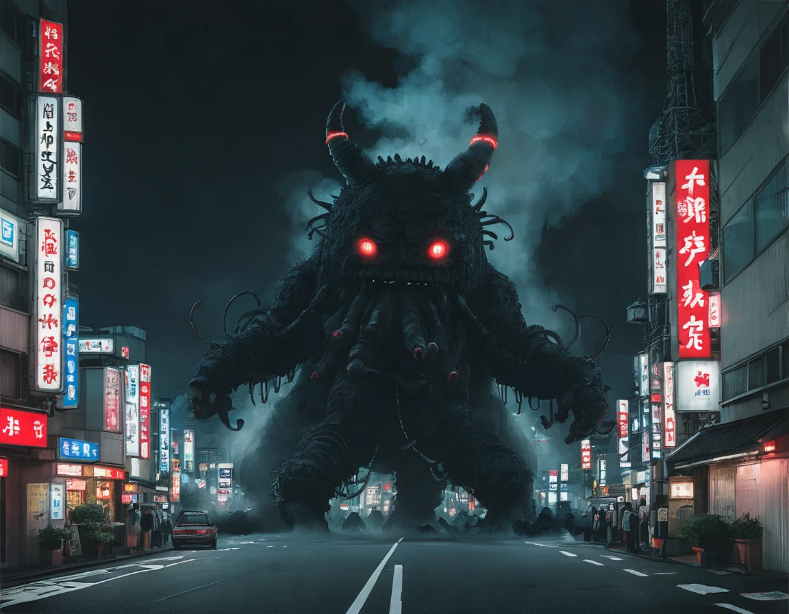 Neon Street in Shibuya, Tokyo Tower, A very large black smoke monster, Huge eyes1It is attached in the center
