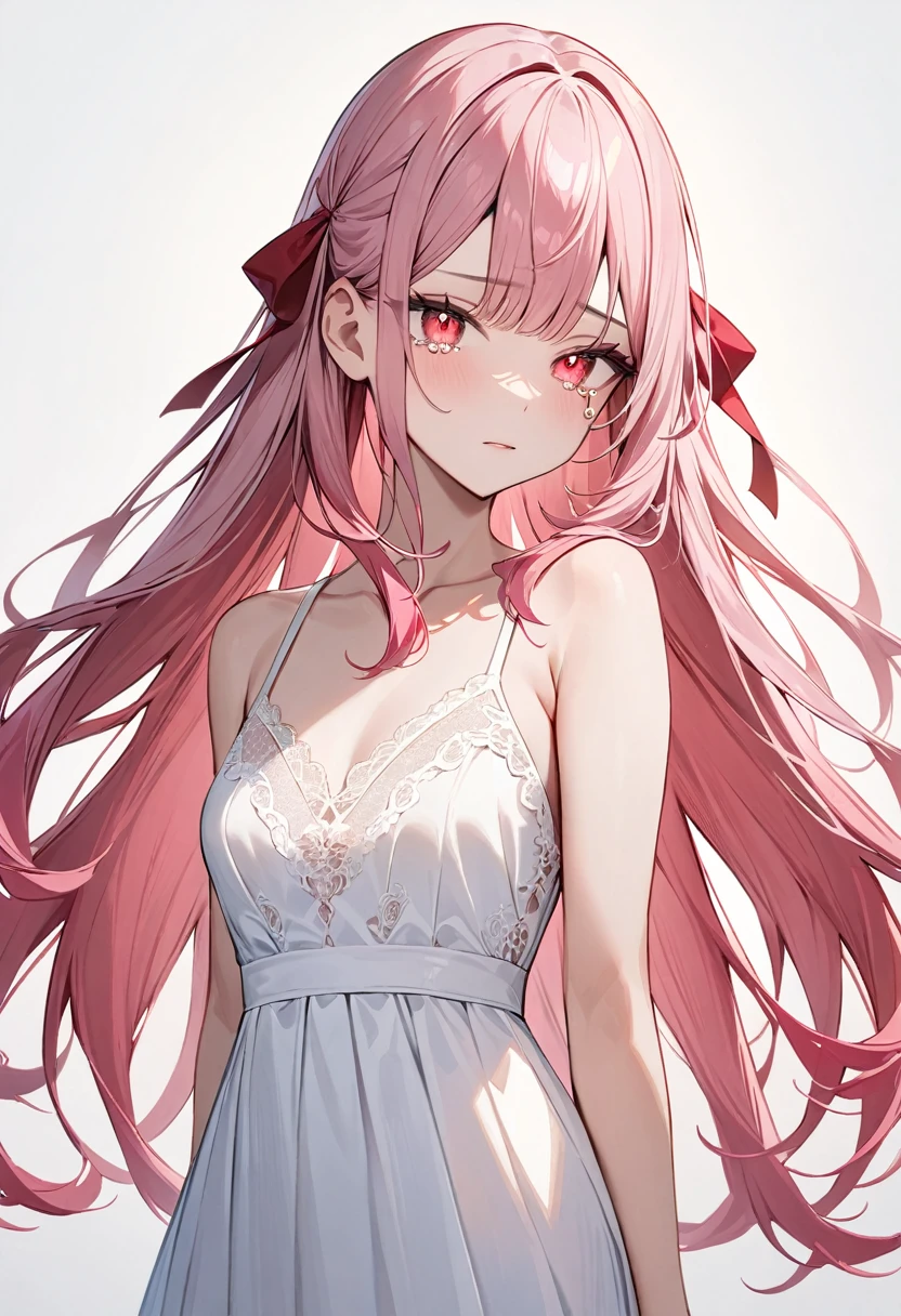 (masterpiece, top quality, very aesthetic, 4k、illustration), intricate detail, 1woman,solo,contrapposto 、Strong glowing eyes、,(cowboy shot)、、(Shedding red tears:1.3),beautiful face、expressionless、straight hair、(fluorescence pink gradient hair)、multicolored hair,hair ribbon,middle hair,sidelock ,レッド　eyes、white lace camisole Dresses、small breasts、Slim 、white background