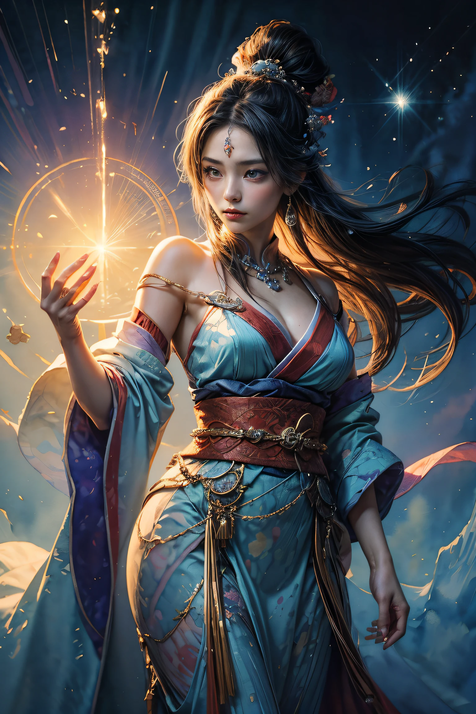 (table top, highest quality, best quality, official art, (beautiful and aesthetic:1.4), (watercolor:1.4) ),  (Izanami 1.5), goddess of japanese mythology, regal beauty, goddess of creation、goddess of life、Common、((((Common))))、samsara support, God&#39;s grace, soft and meditative expression, Flowing Heavenly Garments, sheen、He created all the landscapes and worlds on Earth.., dazzling dance of light, Whispers of Ancient Legends
