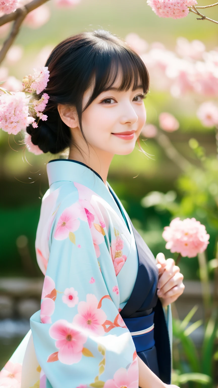 Realistic photos, Gentle eyes, Angry smile, Flowing black hair, Elegant kimono, Disheveled clothes, Spring background, Calm expression, Soft lighting, Traditional Japanese art style, Vibrant colors, Peaceful atmosphere, Delicate features, Graceful posture