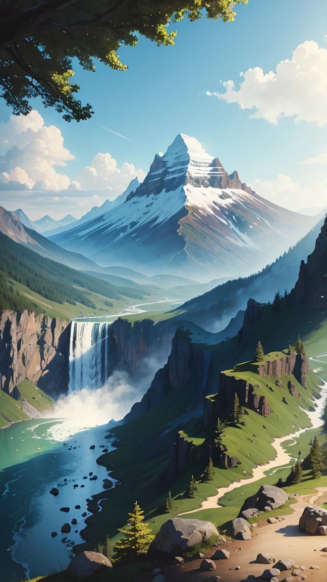 Painting of a mountain scene with a waterfall
