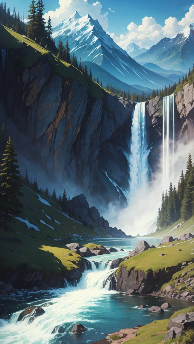 Painting of a mountain scene with a waterfall