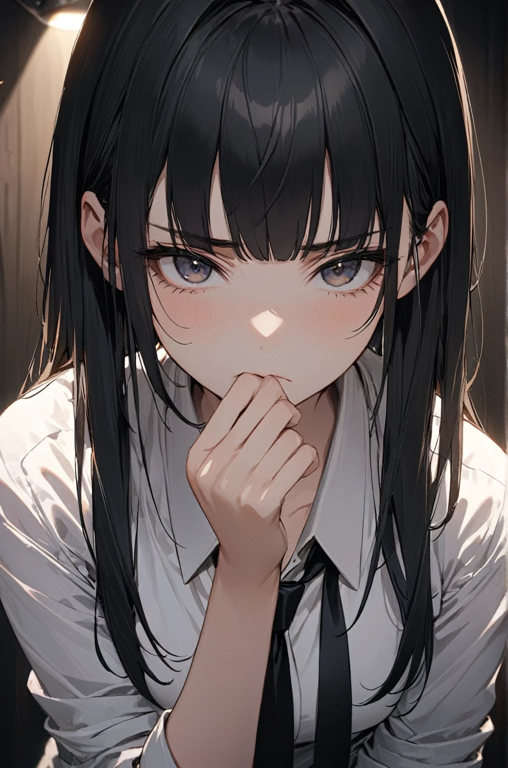 A woman stands alone in a dimly lit room.、His long black hair frames his serious expression.。Her bangs hang down over her eyebrows、Staring straight at the viewer、Pressing lips against closed mouth。She is wearing a white collared shirt with the sleeves rolled up、Black tie、And she&#39;s wearing a flowing skirt that reaches just above her knees.。With a gun in one hand、It has an intense gaze directed at the viewer.。The background is blurred、The focus is on her striking figure。