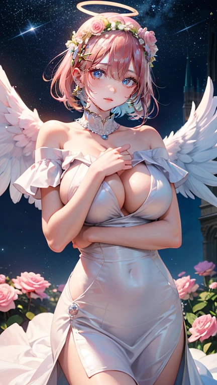 (masterpiece, Highest quality:1.3), (Very detailed:1.2), (hyperRealistic:1.3), (RAW Photos:1.2), High resolution raw color photos, Professional photos, (PhotoRealistic:1.4), (Realistic:1.4), (Pink Hair:1.5), Professional Lighting, Perfect Anatomy, (Big Breasts:1.2), (blush, Detailed face), (smile:1.7), sexy, erotic sexy, ランダムなsexyなグラビアポーズ, (An angel in a white gold off-the-shoulder sundress、An angel halo on your head、so beautiful、Flowers in full bloom畑、Wearing a flower crown and smiling gracefully、The background is Notre Dame Cathedral、Flowers in full bloom々、Shining starry sky、Pearl Earrings、Pose picking flowers。:1.3)、Archangel Raphael、It has two large white wings on its back.....、She looks like an angel.、Taking the form of an archangel、holding a pink rose in hand、I have an angel'There's a halo over my head、An angel halo on your head、A round halo of an angel on my head