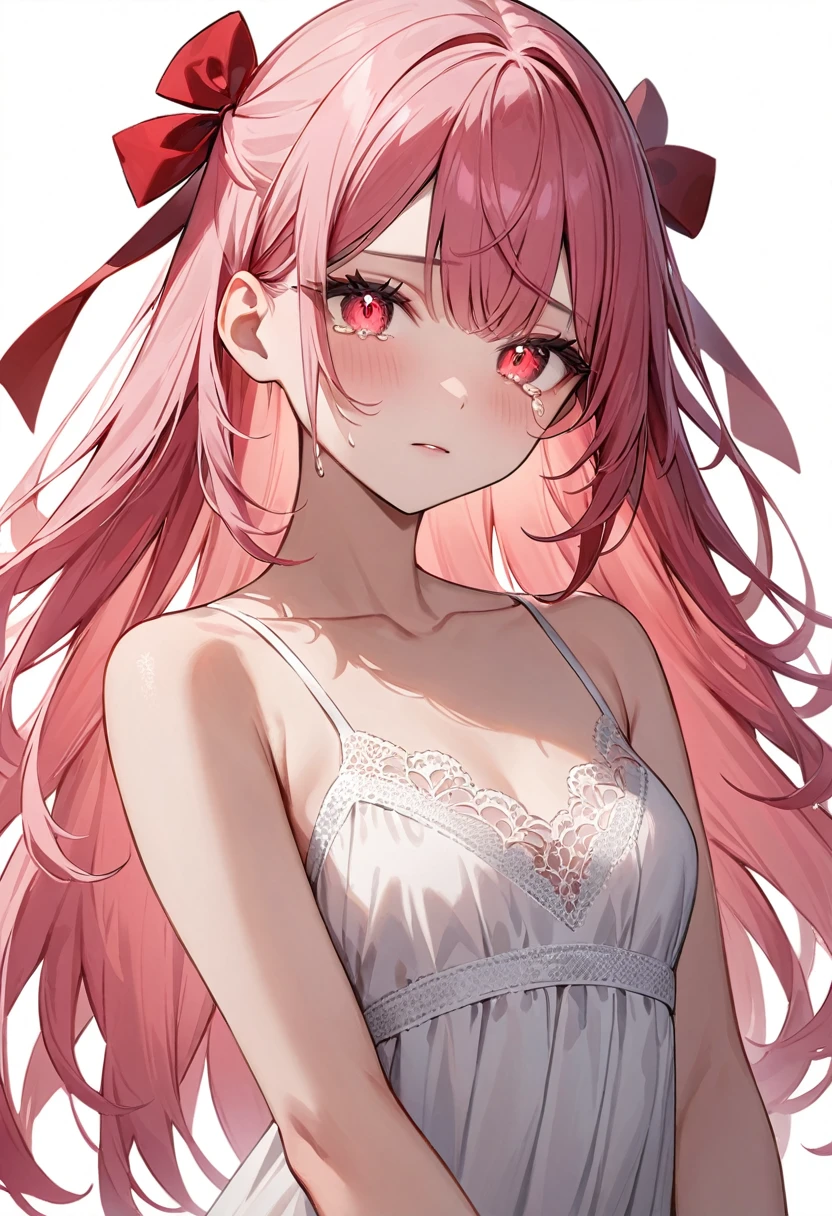 (masterpiece, top quality, very aesthetic, 4k、illustration), intricate detail, 1woman,solo,contrapposto 、Strong glowing eyes、,(cowboy shot)、、(Shedding red tears:1.3),beautiful face、expressionless、straight hair、(fluorescence pink gradient hair)、multicolored hair,hair ribbon,middle hair,sidelock ,レッド　eyes、white lace camisole Dresses、small breasts、Slim 、white background
