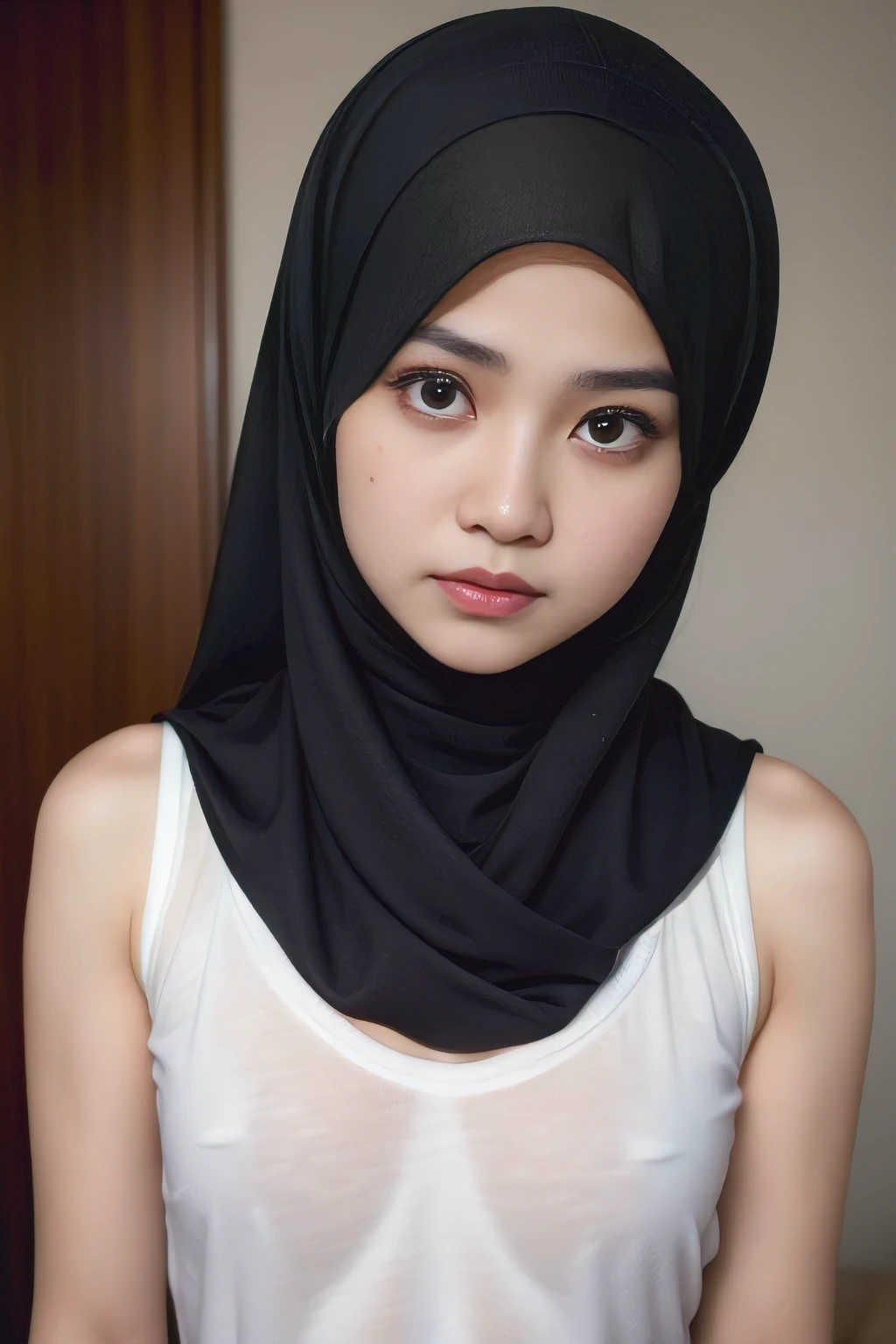 ((Thin:2)), (Angry expression:1.1), (((HIJAB MALAY GIRL))), masutepiece, High quality, UHD 32K, Realistic face, Realistic skin feeling , A Japanese Lady, , , Very cute and baby-like face, (((FLAT CHEST))), (MATRIX WORLD), ((look In front  at the camera and SADNESS)), ((())), (((CUTE GIRL))), ((WHITE LIPS)), ((Floral Pattern)) little wearing Singlet 