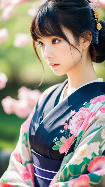 Realistic photos, Gentle eyes, Angry face, Flowing black hair, Disheveled clothes, Elegant kimono, Spring background, Calm expression, Soft lighting, Traditional Japanese art style, Vibrant colors, Peaceful atmosphere, Delicate features, Graceful posture
