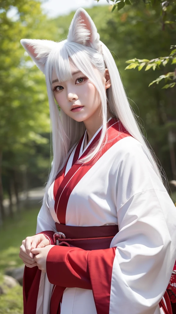 White Demon Fox、Nine-tailed Fox、Japanese women、kimono、Fair skin、Red lines on face、8K、I have long hair