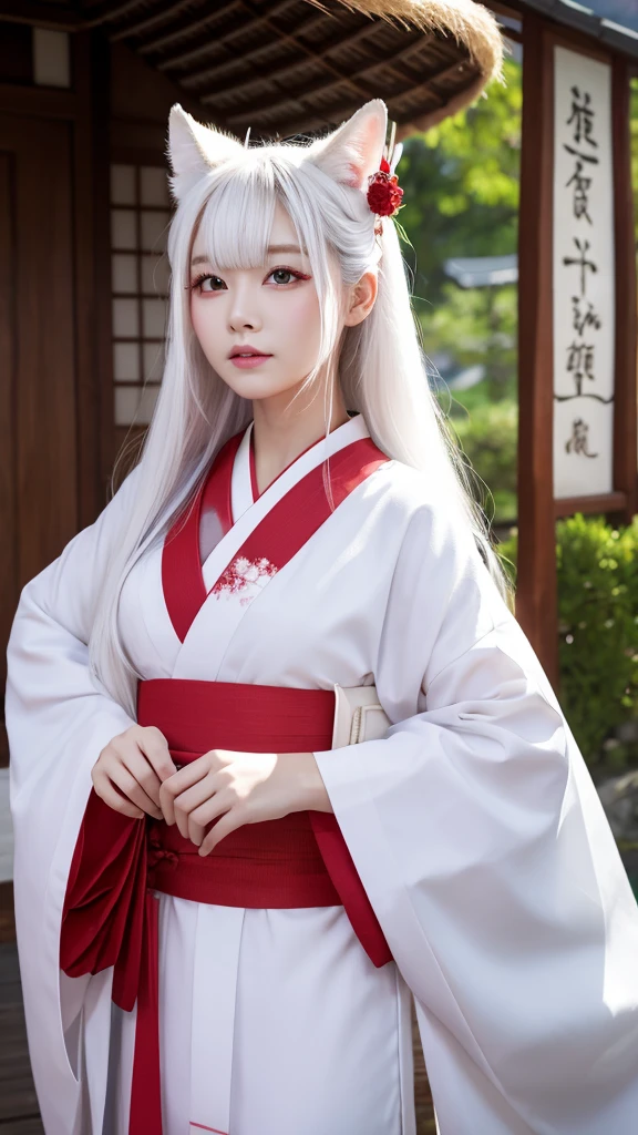 White Demon Fox、Nine-tailed Fox、Japanese women、kimono、Fair skin、Red lines on face、8K、I have long hair