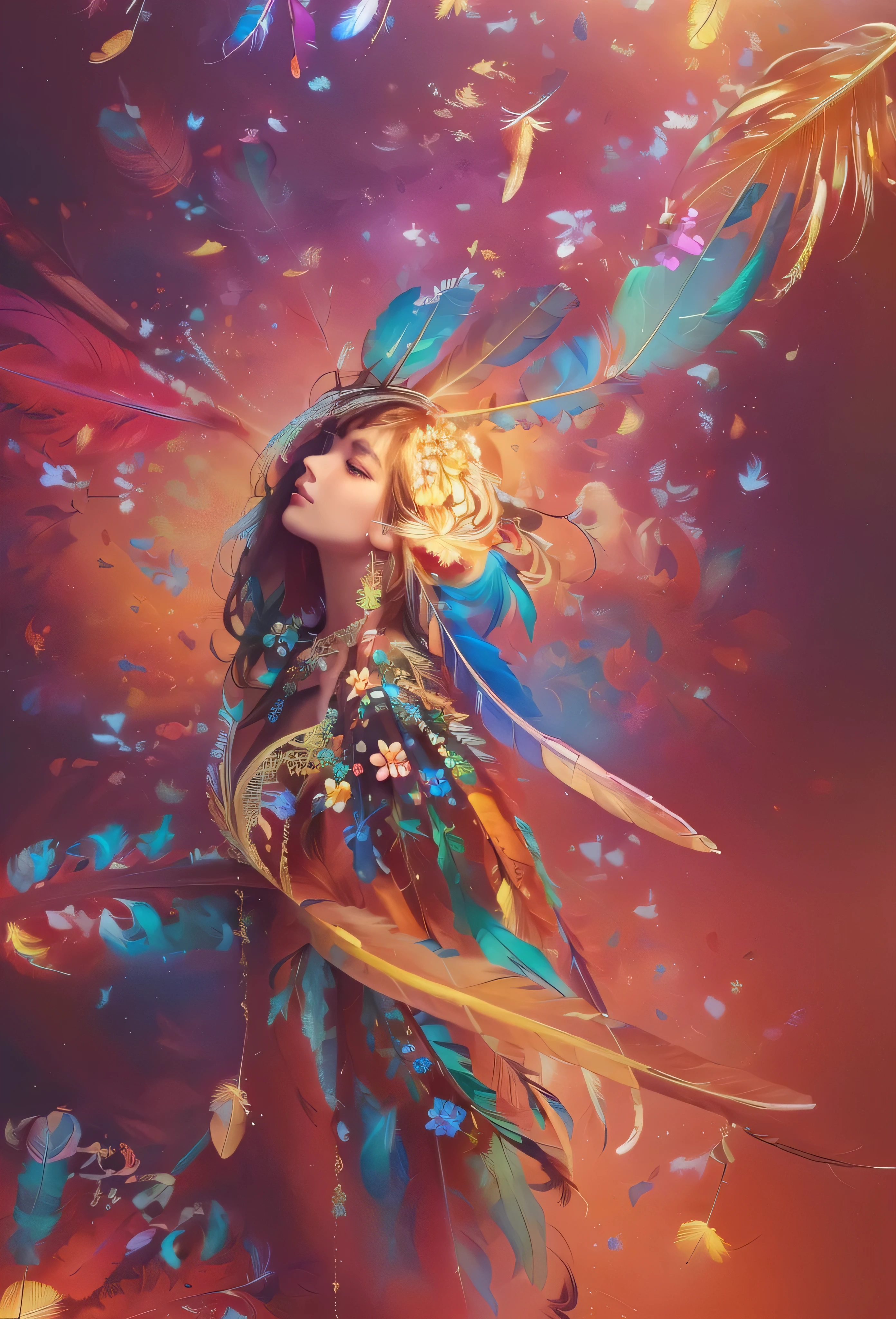 1(Very detailed), (masterpiece, Highest quality, Highest quality, Official Art, beautifully、aesthetic:1.2), (One girl:1.3), Very detailed,(Fractal Art:1.1),(colorful:1.1)(Flowers:1.3),Most detailed,(Tangled:1.2), (Dynamic pose), (Abstract background:1.3), (Glowing Skin), (Many colors:1.4), (feather:1.5),Tyndall、
All gold、
