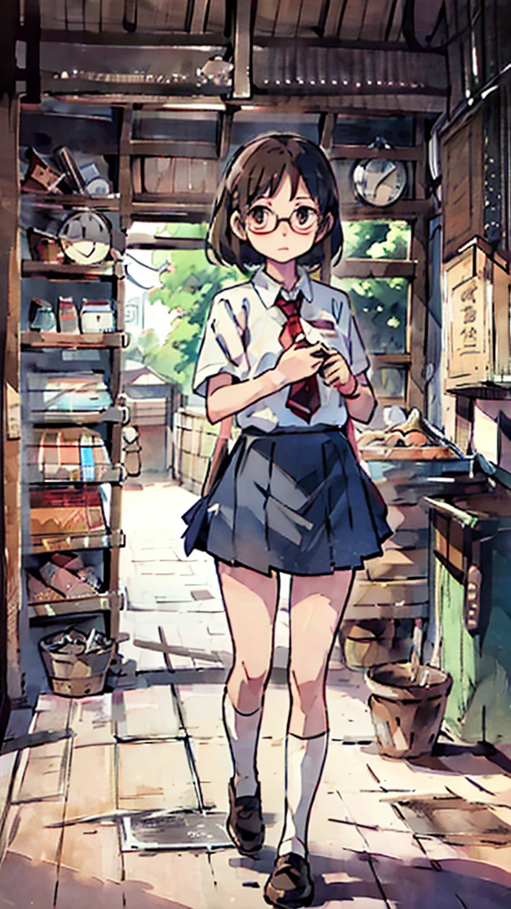 Nsfw、masterpiece, high quality, 4K, HDR,, Stable Diffusion prompt: schoolgirl with short、brown hair and red-framed glasses, wearing a white blouse and navy skirt, white panties visible, navy socks and brown loafers, in a state of arousal and trembling with sexual climax,simple illustration style, in a nichijou (everyday life) setting