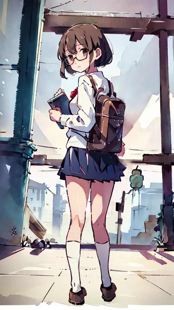 Nsfw、masterpiece, high quality, 4K, HDR,, Stable Diffusion prompt: schoolgirl with short、brown hair and red-framed glasses, wearing a white blouse and navy skirt, white panties visible, navy socks and brown loafers, in a state of arousal and trembling with sexual climax,simple illustration style, in a nichijou (everyday life) setting