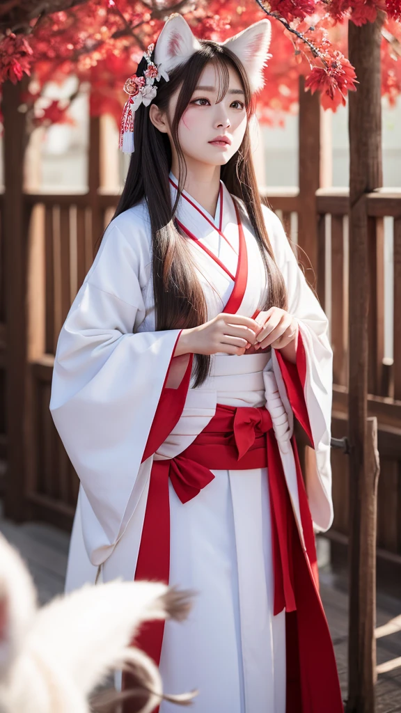 White Demon Fox、Nine-tailed Fox、Japanese women、kimono、Fair skin、Red lines on face、8K、I have long hair