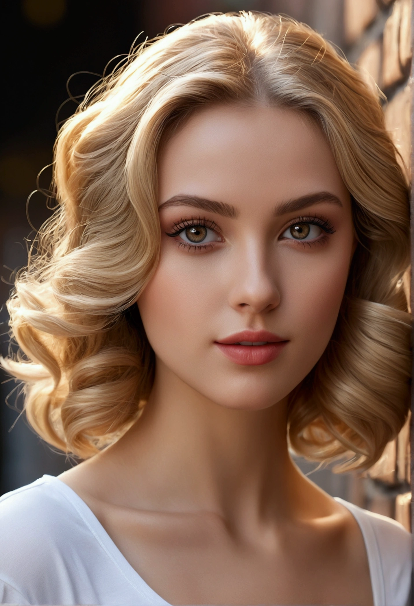 (best quality,4k,8k,highres,masterpiece:1.2),ultra-detailed,(realistic,photorealistic,photo-realistic:1.37),beautiful detailed eyes,beautiful detailed lips,extremely detailed eyes and face,long eyelashes,curly flowing blonde hair,strong jawline,slim figure,perfectly symmetrical face,pale skin,rosette cheeks,picture-perfect beauty,[european girl],[hot girl],[gorgeous girl],[23-year-old woman],fashionably dressed,[European fashion],strikingly attractive woman,intense gaze,[Guinness pint],subtle smile,classy,confident posture,posing in front of a vintage brick wall,mesmerizingly seductive,atmosphere lit by warm golden sunlight,effortlessly captivating presence,exuding grace and elegance,radiating inner confidence,alluring and irresistible magnetism,commanding attention,meticulously applied makeup,[Guinness emblem] on a t-shirt,exquisite details on the beer glass,highlighting the intricacies of the frothy head and dark brown color,rich and velvety texture of the beverage,[bar setting],[vivid colors],[bokeh lighting],[ultra-fine painting].