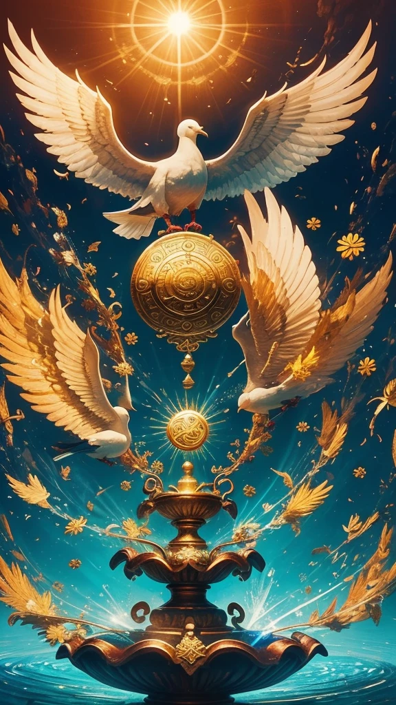 A vibrant and uplifting wallpaper designed to enhance work and financial luck. The image should feature golden coins symbolizing wealth, a heart representing passion and love, and a four-leaf clover for good luck. The radiant sun should shine brightly in the background, illuminating a serene water fountain. A dove representing peace and hope should fly above, while a key and a broken chain symbolize unlocking opportunities and breaking free from obstacles. The overall theme should evoke a sense of calm and determination, helping one to attract their true desired job and motivating them to move forward positively.