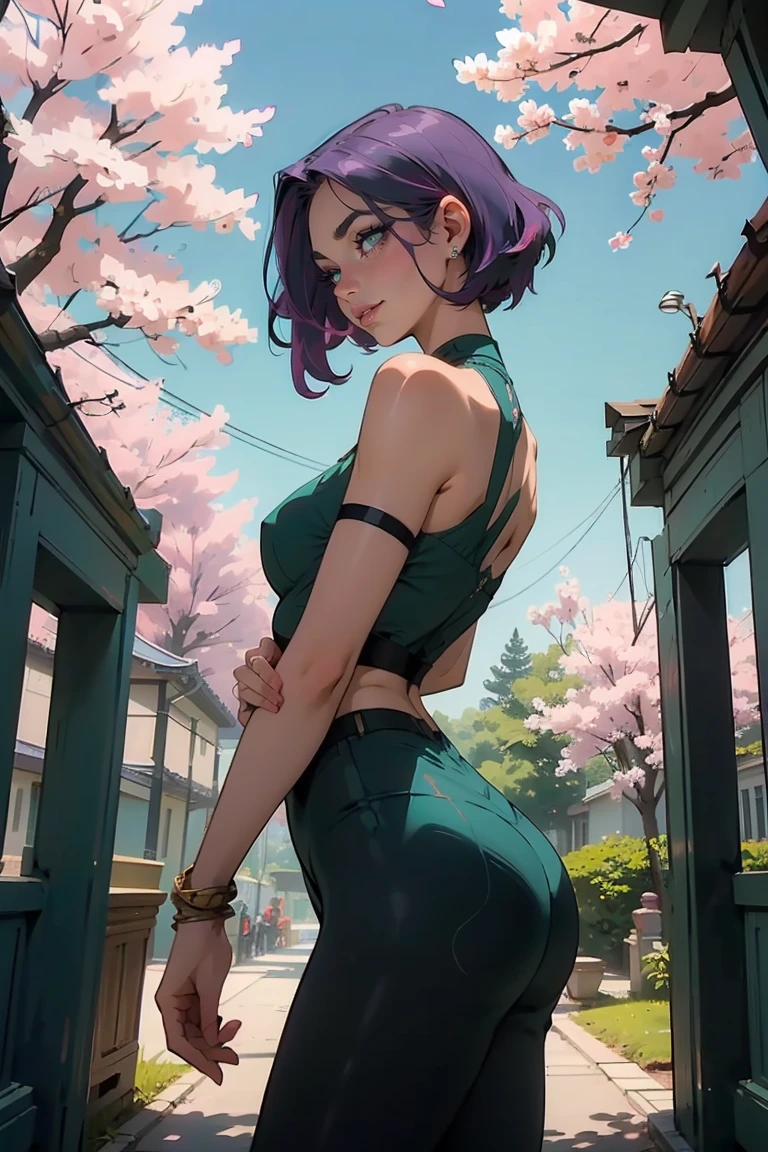 Goddess ((goddess-like woman)), slim, elegant silhouette, masterpiece, best quality, pale skin, fair skin, sweet face, (Lady Nagant | My Hero Academia), (masterpiece: 1.2, best quality), (real picture, intricate details), (1 lady, solo, medium tits, small waist, ), ((Jinx/LOL)), beautiful face, kissable lips, haircut: bob , short hair, purple hair, multicolored hair, mint green streaks in hair, SHORT HAIR, (short multicolored Hair), perfect makeup, realistic face, detailed mint green eyes, (mint green eyes) bright mint green eyes, eyelashes, mouth slightly open, she has an impressive presence, bracelet, hoop earrings, Jewelry, beautiful face, beautiful eyes, side view, side view, she is wearing a Grey Cut Out Straps sport BH and a leggings, sweet irresistible smile, elegant pose, elegant hands, beautiful hands, perfect fingers, background: She stands in front of a Taiwanese temple, the wind blows through her hair, blue sky, sunny day, the trees, light wind, cherry blossoms, autumn leaves, garden
