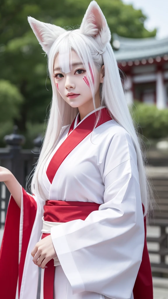 White Demon Fox、Nine-tailed Fox、Japanese women、kimono、Fair skin、Red lines on face、8K、I have long hair