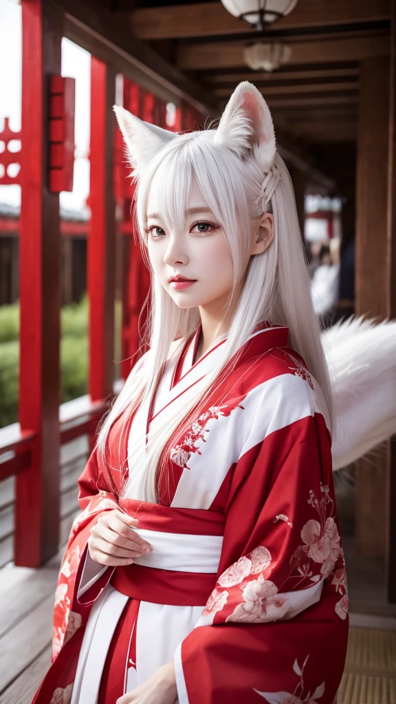 White Demon Fox、Nine-tailed Fox、Japanese women、kimono、Fair skin、Red lines on face、8K、I have long hair