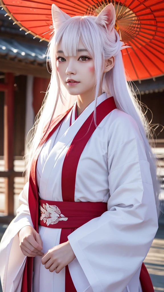 White Demon Fox、Nine-tailed Fox、Japanese women、kimono、Fair skin、Red lines on face、8K、I have long hair