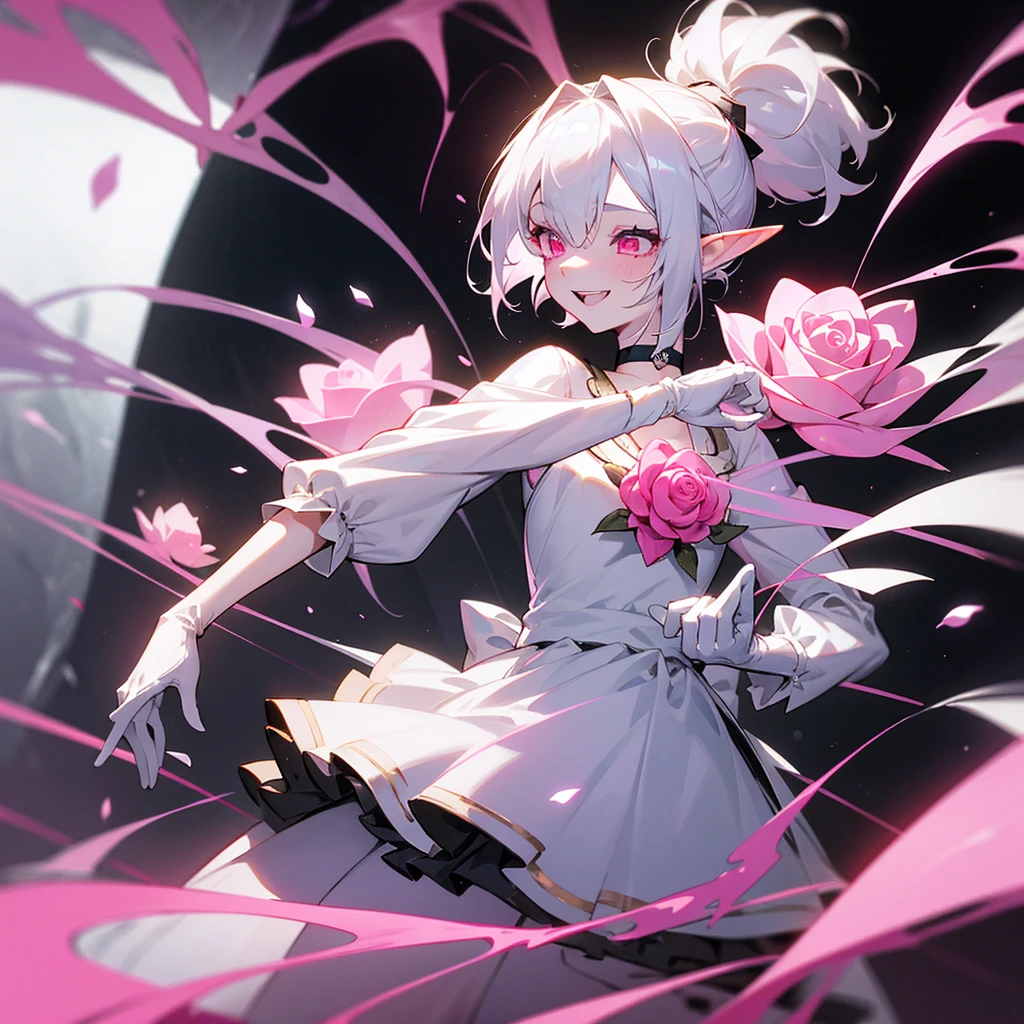 elf, silver hair, female, a girl, , female , glad, laughing, short hair, ponytail, covering one eye, pink eyes, pale skin, tiny, slim, wizard hat, choker, Tuxedo, White gloves, ribbon, skirt, Gothic Lolita, magic effect, pink Rose