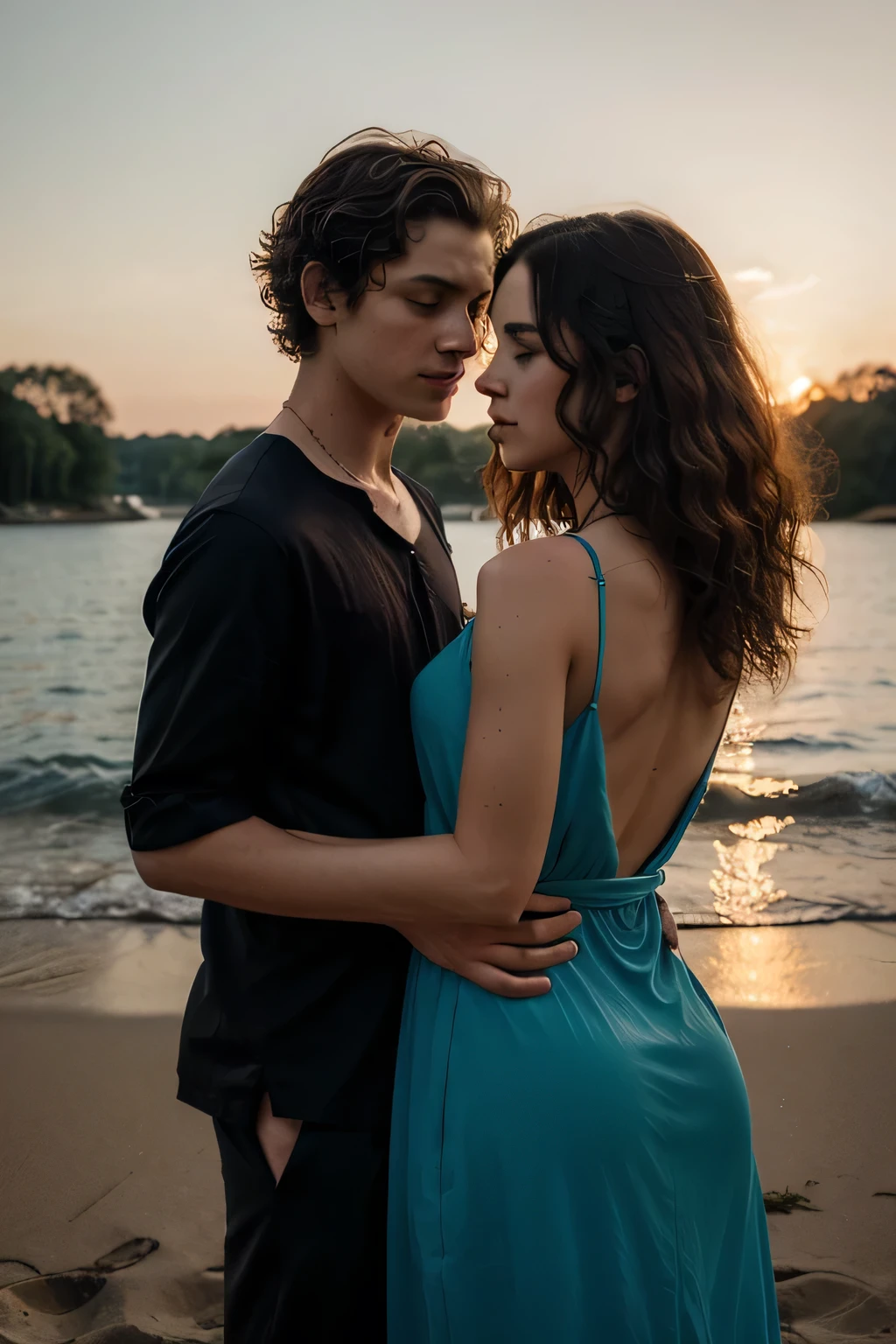 Evening. Sunset. Beautiful nature, the shore of the lake, trees nearby. Silhouettes of a couple in love from the back. People in full height, standing with their backs to the camera. The girl in a long dress. A young man hugs her around the waist. The young man is taller than the girl, he is wearing a dark long shirt, the young man has curly hair to the shoulders. The faces of people is realistic. Maximum detail. Maximum realism.