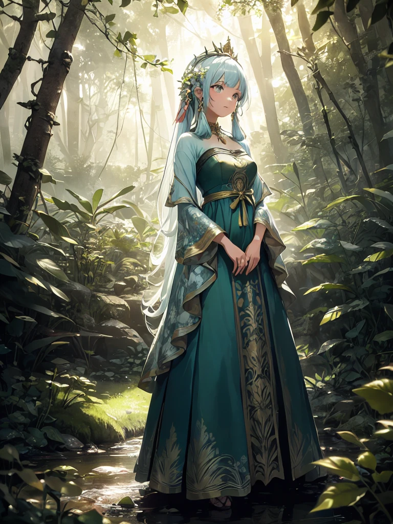 Create an enchanting, ethereal scene set deep within an ancient, magical forest at the golden hour of twilight. The soft, warm light filters through the tall trees, casting dappled patterns on the lush, green forest floor. The atmosphere is serene and filled with a sense of timelessness, as if this part of the forest has been untouched for centuries.In the center of the scene, a beautiful young woman stands gracefully. She is dressed in an exquisite, flowing gown that seems to be inspired by nature itself. The dress is a delicate blend of soft greens and earthy tones, adorned with intricate floral embroidery and shimmering details that catch the light. The gown’s fabric is light and airy, trailing softly on the forest floor as she walks, almost blending with the surrounding foliage.Her long, wavy hair cascades down her shoulders, adorned with a simple, yet elegant, natural crown made of small leaves and flowers, enhancing her connection to the forest. Her expression is serene, her gaze slightly lowered as if she’s lost in a moment of peaceful reflection or perhaps communing with the nature around her.Surrounding her, the forest is alive with vibrant greenery. Ivy climbs up the trees, and small, delicate flowers peek out from the underbrush, adding splashes of soft color to the scene. The light filtering through the leaves creates a soft glow, giving the entire scene a magical, almost otherworldly feel.The overall mood of the image should evoke a sense of enchantment and tranquility, as if the viewer has stumbled upon a mystical, hidden world where nature and beauty are in perfect harmony.