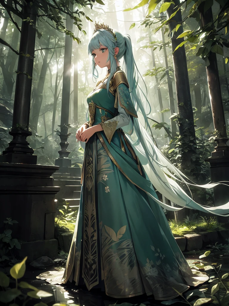 Create an enchanting, ethereal scene set deep within an ancient, magical forest at the golden hour of twilight. The soft, warm light filters through the tall trees, casting dappled patterns on the lush, green forest floor. The atmosphere is serene and filled with a sense of timelessness, as if this part of the forest has been untouched for centuries.In the center of the scene, a beautiful young woman stands gracefully. She is dressed in an exquisite, flowing gown that seems to be inspired by nature itself. The dress is a delicate blend of soft greens and earthy tones, adorned with intricate floral embroidery and shimmering details that catch the light. The gown’s fabric is light and airy, trailing softly on the forest floor as she walks, almost blending with the surrounding foliage.Her long, wavy hair cascades down her shoulders, adorned with a simple, yet elegant, natural crown made of small leaves and flowers, enhancing her connection to the forest. Her expression is serene, her gaze slightly lowered as if she’s lost in a moment of peaceful reflection or perhaps communing with the nature around her.Surrounding her, the forest is alive with vibrant greenery. Ivy climbs up the trees, and small, delicate flowers peek out from the underbrush, adding splashes of soft color to the scene. The light filtering through the leaves creates a soft glow, giving the entire scene a magical, almost otherworldly feel.The overall mood of the image should evoke a sense of enchantment and tranquility, as if the viewer has stumbled upon a mystical, hidden world where nature and beauty are in perfect harmony.