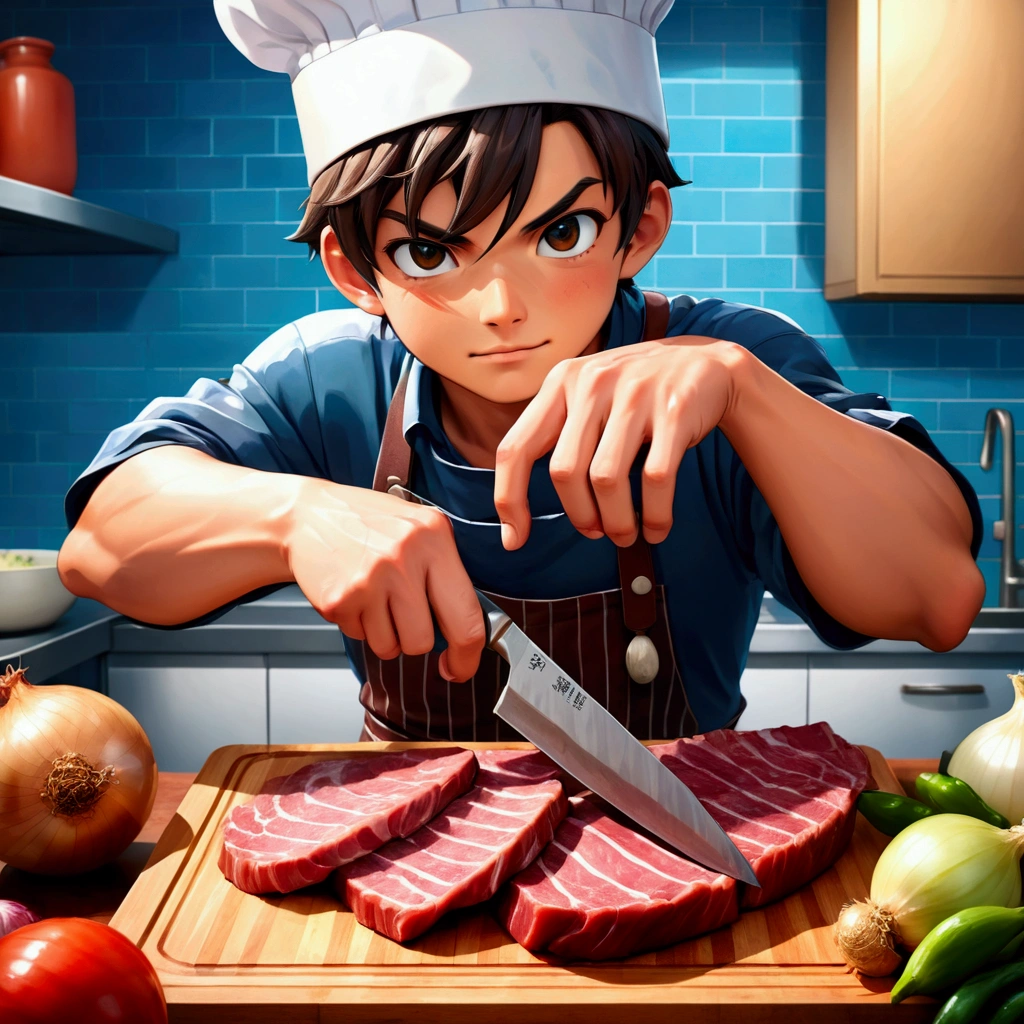 anime style butcher cutting board,knife,food,kitchen knife,male focus,独奏,holding knife,Meat,holding,1boy,onion,(Food close-ups:1.1),