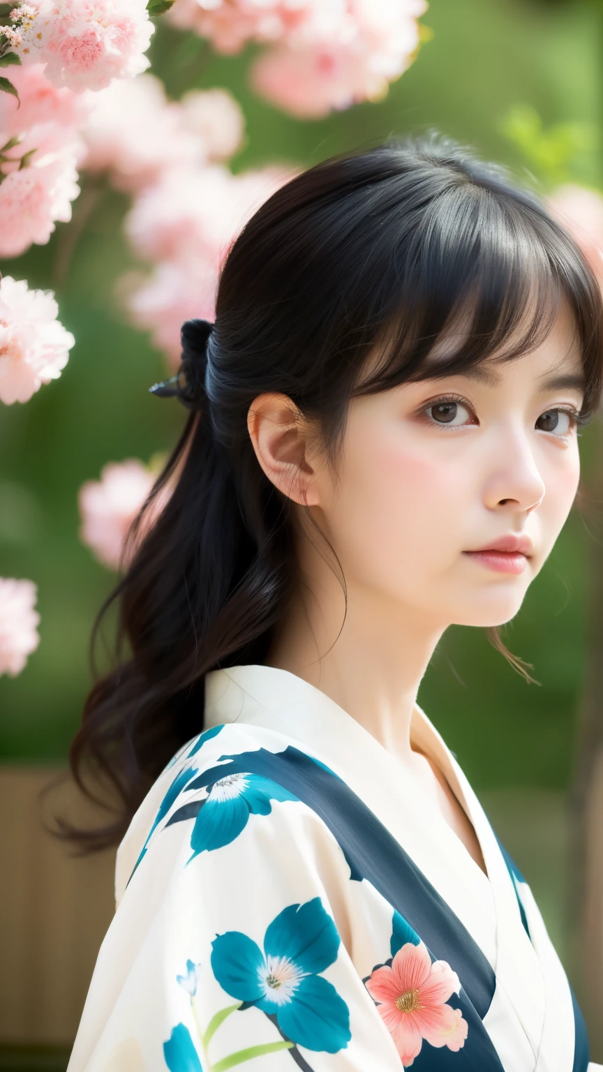 Realistic photos, Gentle eyes, Angry face, Flowing black hair, Disheveled clothes, Elegant kimono, Spring background, Calm expression, Soft lighting, Traditional Japanese art style, Vibrant colors, Peaceful atmosphere, Delicate features, Graceful posture