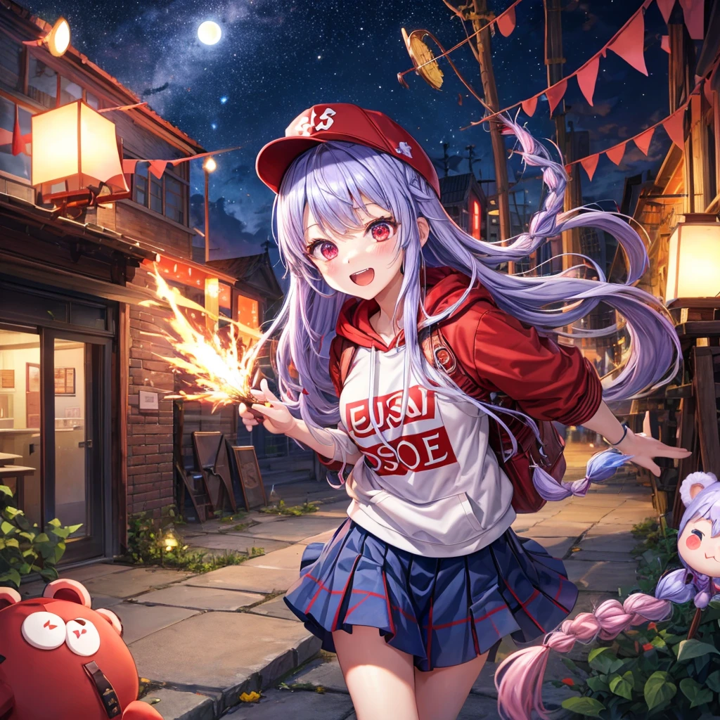 Red, blue and light purple hair、Red eyes、Braid、One cute girl、solo、And soul、Light clothing、Checked mini skirt、petal、black t-shirts、hoodie、bear ears baseball cap、large tree、Thundercloud、Burning Full Moon、desert、Stones are piled up、Teeth are visible、Fortress City、Tilting face、Starry Sky、firework、Walking stick、Note
