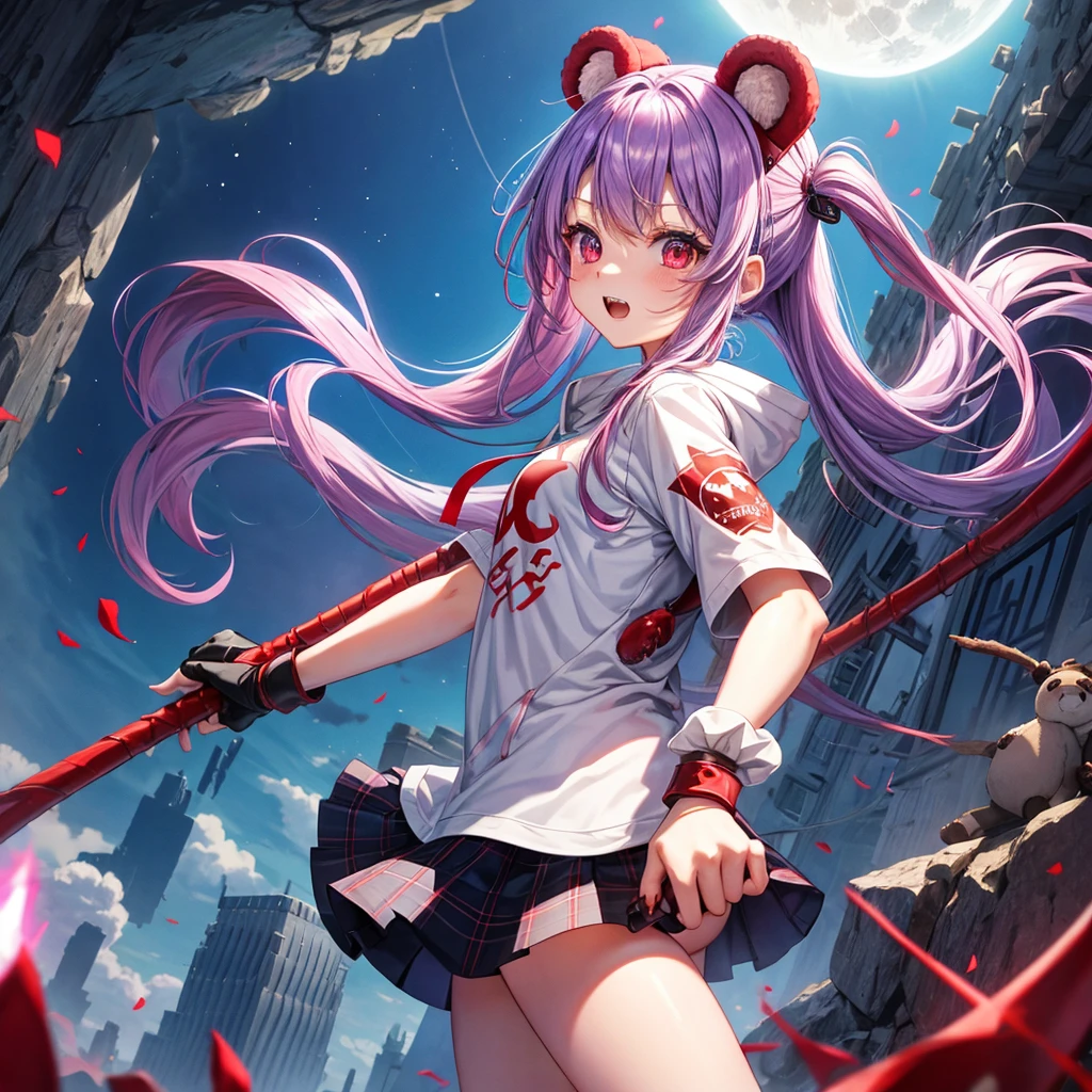 Red, blue and light purple hair、Red eyes、Braid、One cute girl、solo、And soul、Light clothing、Checked mini skirt、petal、black t-shirts、hoodie、bear ears baseball cap、large tree、Thundercloud、Burning Full Moon、desert、Stones are piled up、Teeth are visible、Fortress City、Tilting face、Starry Sky、firework、Walking stick、Note