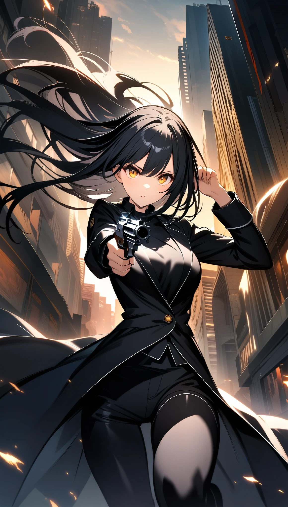 1 girl, Cool girl, shiny black hair, Long Hair, Golden Eyes, Black sleeveless shirt, short trousers of black color,, Black long coat, Holding a revolver in your hands, Look beyond the camera, dynamic pose, ((32K)), ((best quality)), ((ultra high res)), ((HDR)), ((uhd)), ((extremely detailed CG)), ((unity 32K wallpaper)), ((perfect anatomy)), ((illustration)),