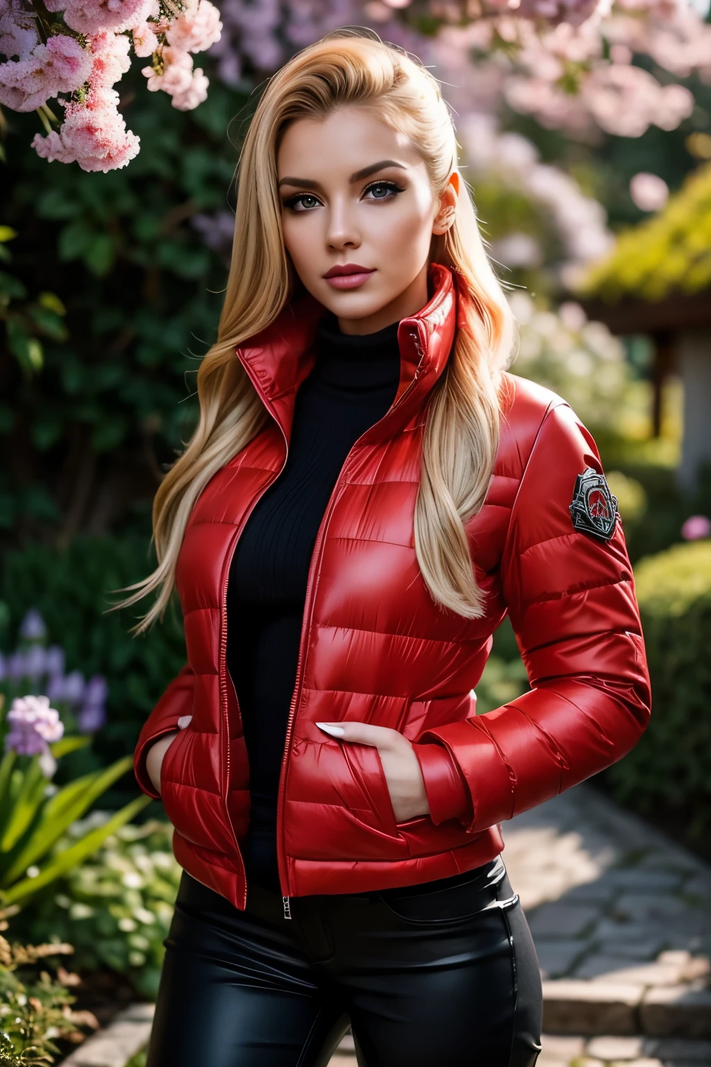 Super Detailed midbody image of gorgeous woman (Laurence Bedard) with blonde hair, fierce look, (red puffer jacket:1.3), standing in a japanse blossom garden, perfect make-up, looking away from camera, cannon 6d, octane render, (hand on her hips:1.2), seductive pose, power pose, striking, (seductive:1.3), happy, expressive look, alluring look, determined look, strong eyeliner, mesmerizing eyes, elegant, graceful, natural beauty, magnetic, charismatic, versatile, photogenic, backlit 