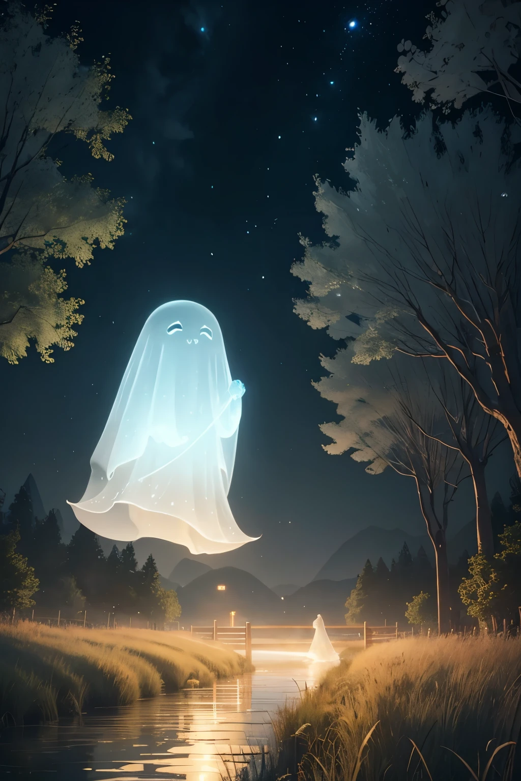 (Highest quality:1.3)。A translucent ghost standing beneath a willow tree。Small ghost fire。The background is a dark road by the river at night.。