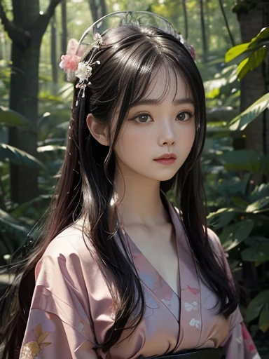 (Surreal) , (illustration), (Improve resolution), (8K), (Extremely detailed), (best illustration), (Beautiful and delicate eyes), (best quality), (Extremely detailed), (masterpiece), (wallpaper), (Delicate face), Solitary,1 girl, Looking at the audience, Black straight hair, Full breasts, Fine details, in the darkness, Deep Shadows, Low profile, Purebred face_v1, a happy expression, Japanese kimono clothing, whole body, forest