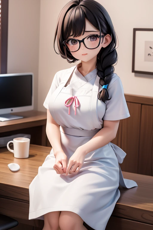 30-year-old woman、Mother,Married women,apron,Hair tied up,Braiding,Black Hair,Braid、Knot、Glasses
