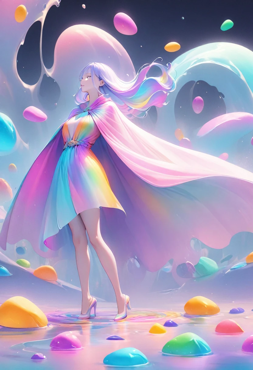 A woman standing on colorful rocks,The silk cape on the body is seamlessly connected with the colorful rocks,All in one piece,Colorful Rock Cloak,Typical oriental woman,Colorful brushed sea surface,Flowing and smooth,Surreal photography,A perfect combination,Unite,Ultra-clear,pole