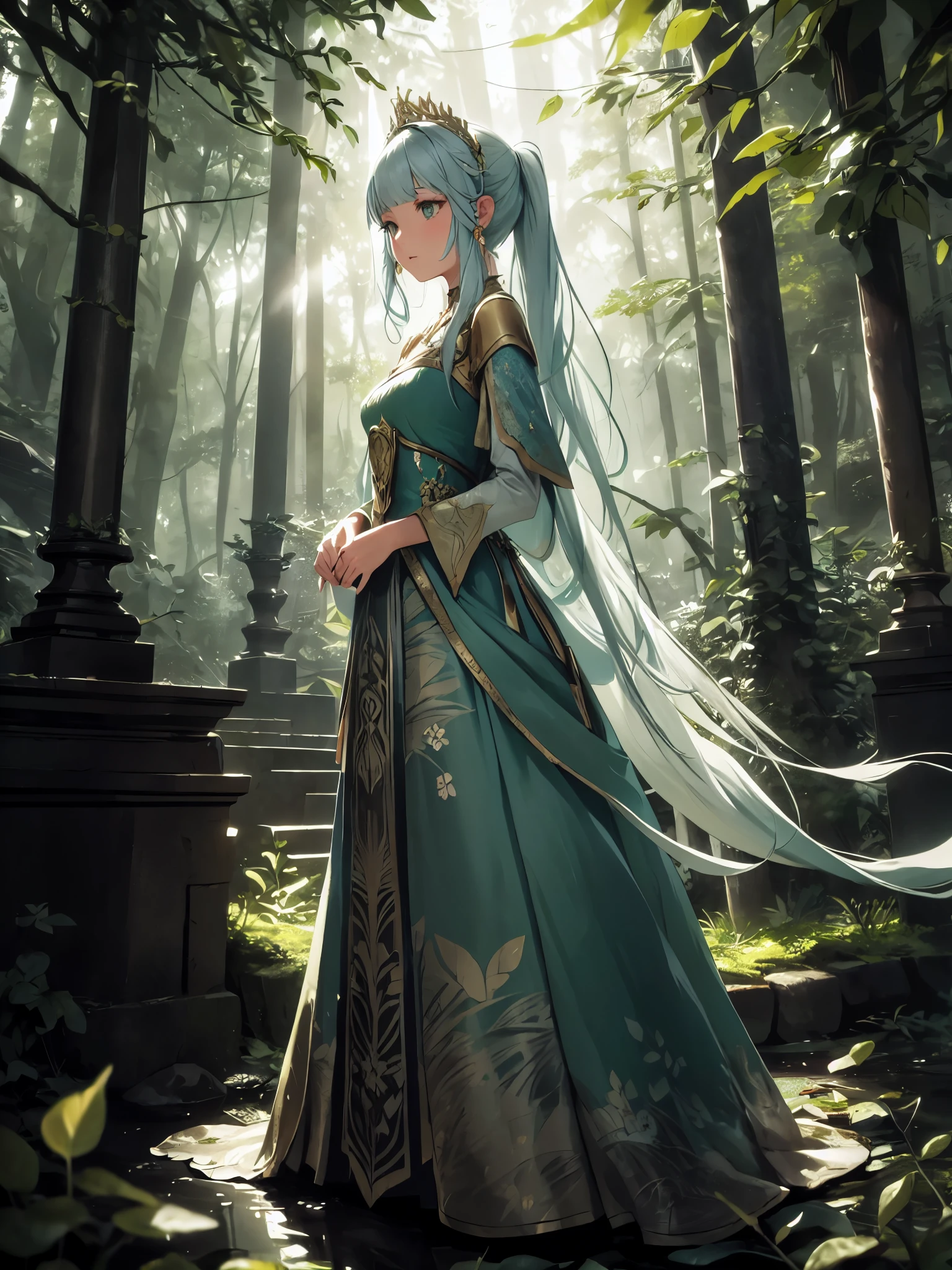 Create an enchanting, ethereal scene set deep within an ancient, magical forest at the golden hour of twilight. The soft, warm light filters through the tall trees, casting dappled patterns on the lush, green forest floor. The atmosphere is serene and filled with a sense of timelessness, as if this part of the forest has been untouched for centuries.In the center of the scene, a beautiful young woman stands gracefully. She is dressed in an exquisite, flowing gown that seems to be inspired by nature itself. The dress is a delicate blend of soft greens and earthy tones, adorned with intricate floral embroidery and shimmering details that catch the light. The gown’s fabric is light and airy, trailing softly on the forest floor as she walks, almost blending with the surrounding foliage.Her long, wavy hair cascades down her shoulders, adorned with a simple, yet elegant, natural crown made of small leaves and flowers, enhancing her connection to the forest. Her expression is serene, her gaze slightly lowered as if she’s lost in a moment of peaceful reflection or perhaps communing with the nature around her.Surrounding her, the forest is alive with vibrant greenery. Ivy climbs up the trees, and small, delicate flowers peek out from the underbrush, adding splashes of soft color to the scene. The light filtering through the leaves creates a soft glow, giving the entire scene a magical, almost otherworldly feel.The overall mood of the image should evoke a sense of enchantment and tranquility, as if the viewer has stumbled upon a mystical, hidden world where nature and beauty are in perfect harmony.