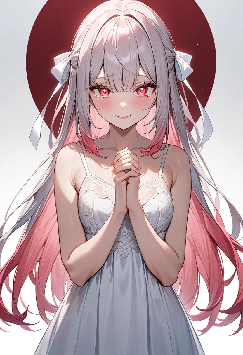 (masterpiece, top quality, very aesthetic, 4k、illustration), intricate detail, 1woman,solo,contrapposto 、Strong glowing eyes、,(cowboy shot)、、(Shedding red tears:1.3),beautiful face、sad smile、straight hair、(fluorescence pink gradient hair)、own hands clasped、multicolored hair,hair ribbon,middle hair,sidelock ,レッド　eyes、white lace camisole Dresses、small breasts、Slim 、white background