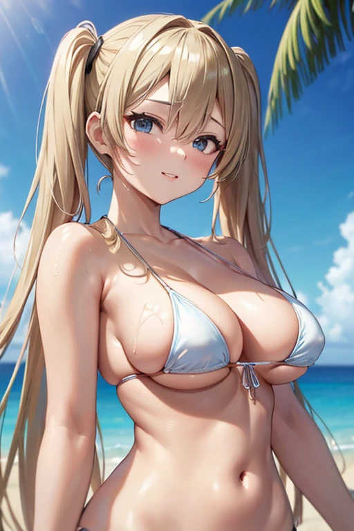 (((Upper Body、Shooting from below))、(((Accentuate your breasts、Shiny swimwear)))、Highest quality, 8k, masterpiece :1.3)), whole body, Sharp focus :One Girl,Glowing Skin,SSexy pose,Highest quality,Tabletop,shape,Very delicate and beautiful,Hmph,8k壁紙,wonderful,In detail,Official Art,Very detailedなティッカーUnity 8k壁紙,Unbelievably ridiculous,Large file size,Very detailedな,High resolution,Very detailed,Beautiful detailed girl,Realistic,X-ray,The queue is full,(((Sexy Micro Bikini)))、(((Big Breasts、Long golden hair、Sexy Micro Bikini、Her hairstyle is twin tails.)))、(((Ocean、Sandy Beach、Hawaii)))、Stand upright、Cleavage , ((Long blonde、Her hairstyle is twin tails.))、Sexy Micro Bikini、Sexy pose、Her hairstyle is twin tails.