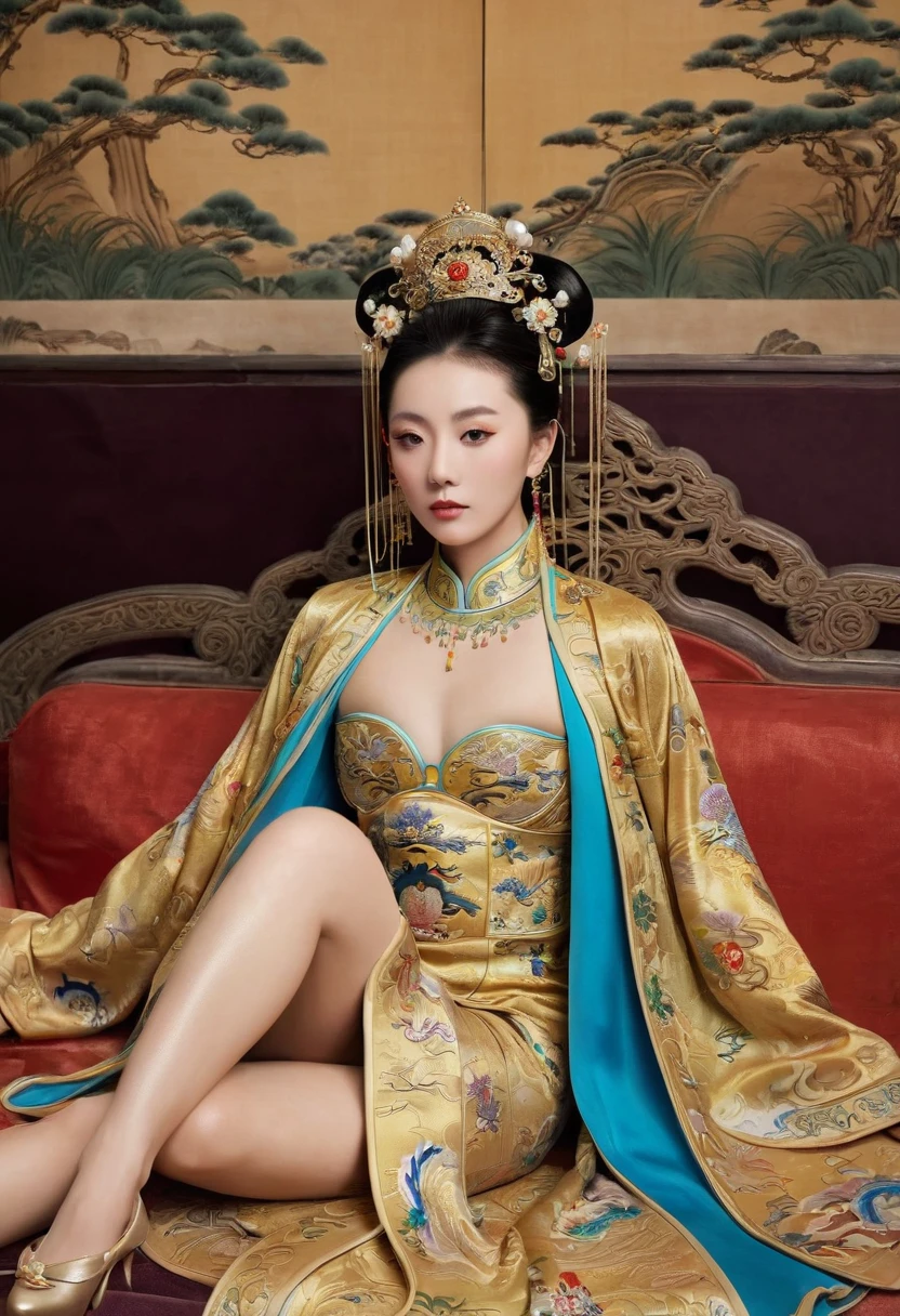 Gorgeous Empress of the Chinese Court during the Qing Dynasty Gorgeous Empress of the Chinese Court on a sofa, nude, large and golden, with her legs on the sofa, wide open, knees bent, in an M pose (pornographic pose), with her hair tied on both sides The background of this perverted and erotic woman wearing a crown and tying her hair is the Chinese court of the Qing Dynasty. The scene is set in the luxurious room of an empress in the Qing Dynasty Chinese court.

Translated with DeepL.com (free version)