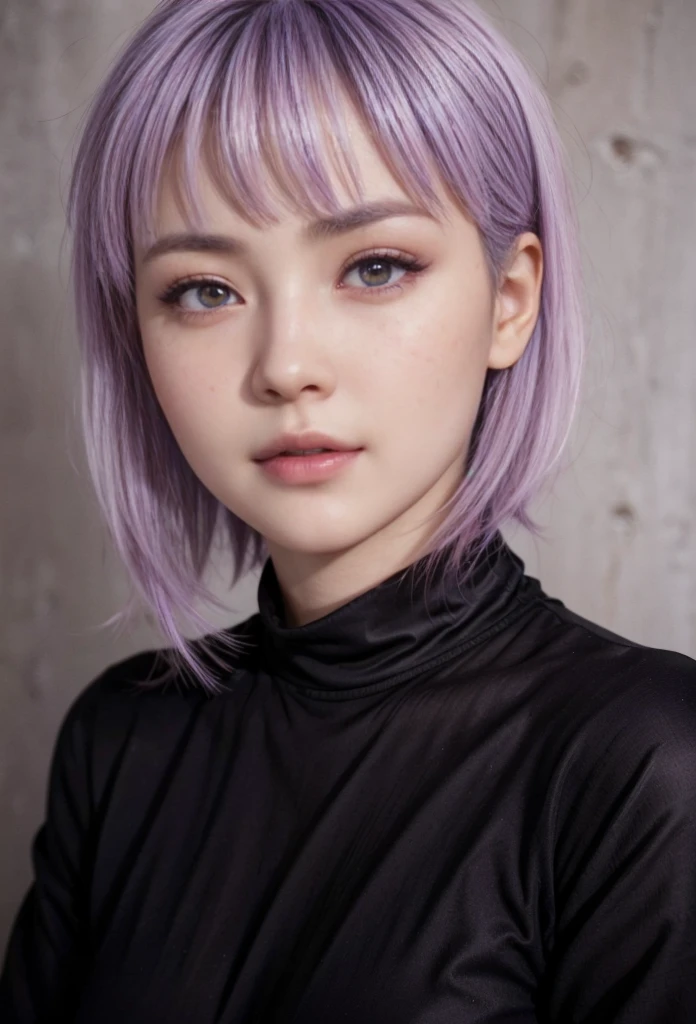 Ayane, purple hair, red eyes, (best quality, ultra-detailed), (realistic:1.37), beautiful and detailed face, ultra-realistic texture, delicate face, delicate body, red lipstick, long-lasting colors. high definition, 8K. expression with a sexy look