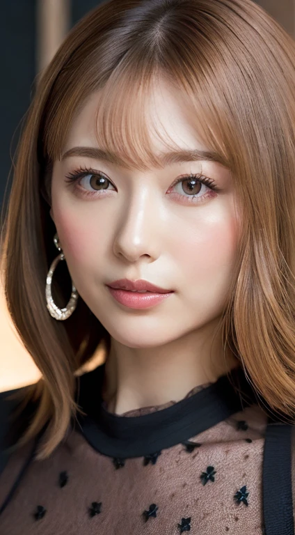 High resolution, One girl, tall、(Bob Hair:1.3)、slender、slenderBeauty、solo, masterpiece, Blonde Hair, double eyelid、Large Breasts, Narrow waist、Earrings, Face of pleasure, 42 years old、(Big Breasts)、Natural Makeup、Beauty、 (announcer:1.5)