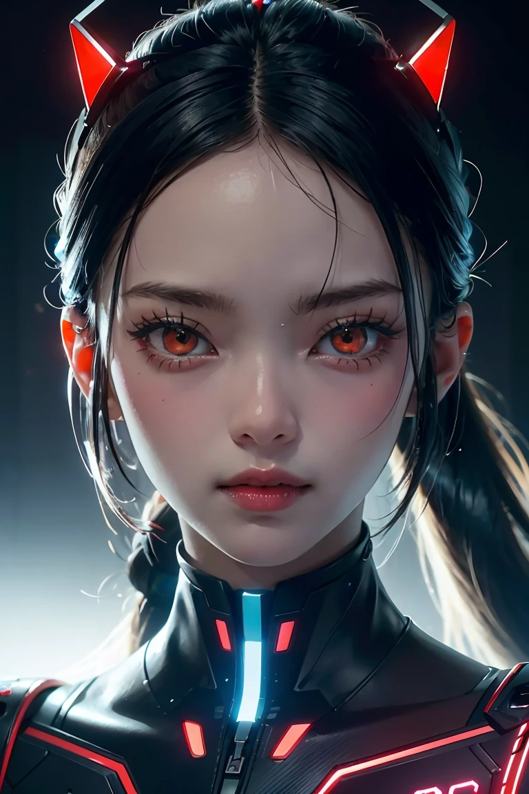 tmasterpiece,Best quality at best,A high resolution,8K,(portrait),(Close up of avatar),(RAW photogr),real photograph,digital photography,(cyberpunk queen),20 year old girl,long ponytail hairstyle,By bangs,(Black and blue gradient hair),(Glowing red eyes),Devil Eyes,Serious and charming,Mechanical body,Green glowing electronic components,Red wires and tubes connect the body,Complex purple electronic texture,Weird technology symbols,Black round forehead symbol,Luxurious mechanical crown,Keep your mouth shut,(Mechanical Woman),Photo pose,cyber punk perssonage,Future Style,gray world background,oc render reflection texture