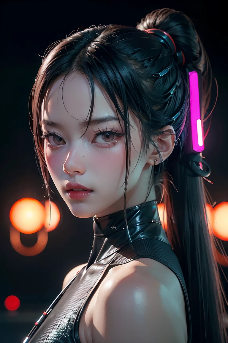 tmasterpiece,Best quality at best,A high resolution,8K,(portrait),(Close up of avatar),(RAW photogr),real photograph,digital photography,(cyberpunk queen),20 year old girl,long ponytail hairstyle,By bangs,(Black and blue gradient hair),(Glowing red eyes),Devil Eyes,Serious and charming,Mechanical body,Green glowing electronic components,Red wires and tubes connect the body,Complex purple electronic texture,Weird technology symbols,Black round forehead symbol,Luxurious mechanical crown,Keep your mouth shut,(Mechanical Woman),Photo pose,cyber punk perssonage,Future Style,gray world background,oc render reflection texture