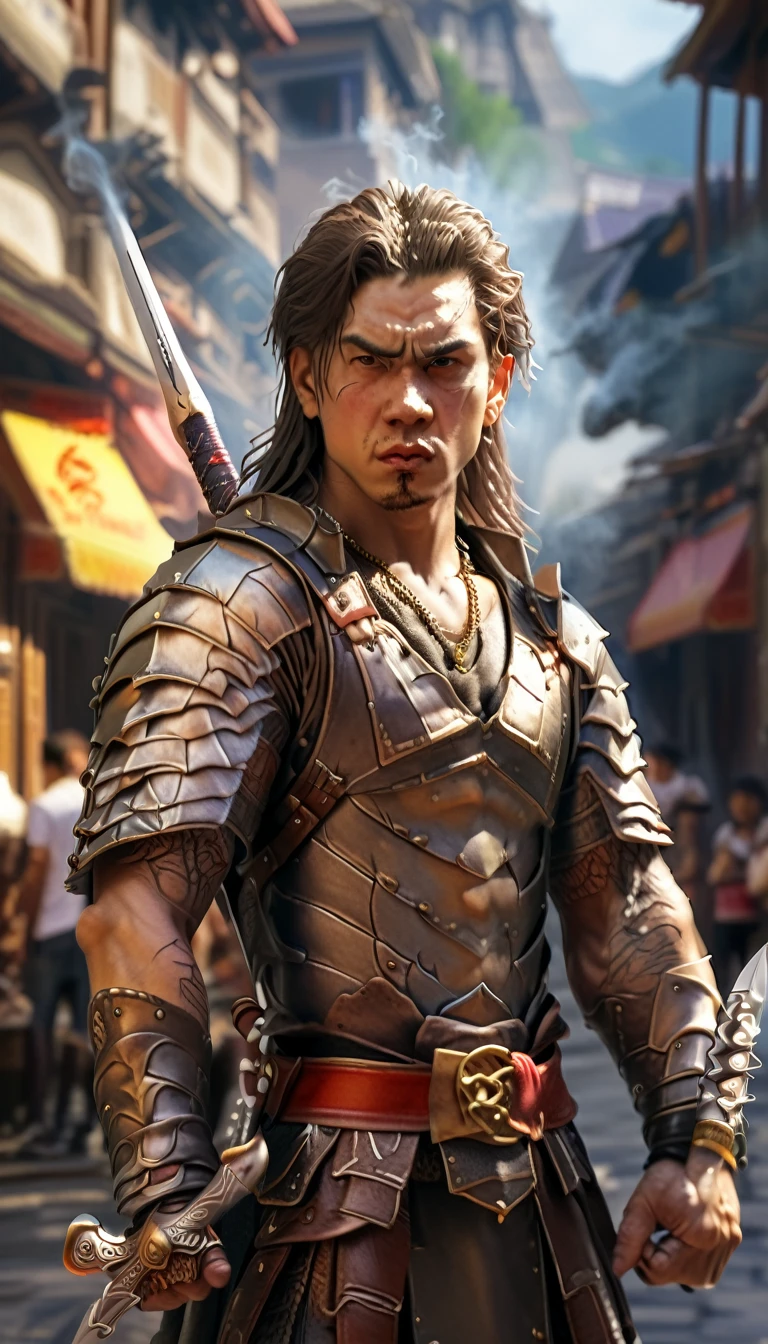 A photo of extremely handsome young men, 15 years old, muscular, tattooed, wearing necklaces, long hair, gangster style, romantic, Hong Kong cinema, street scene. Eyes are filled with sadness and desire to rise. Violent background, smoke and fire. Cinematic lighting, high detail, 8K, artstation, conceptual art, dark fantasy. Photo taken with Canon EOS R5 85mm f/11 camera, ((sharp)) mode of people and surroundings. Image quality ((8K)), ((realistic)), ((masterpiece)), ((sharpest and highest contrast)), ((excellent depth of field)), ((stereoscopic lighting)), ((angry, ferocious )), detailed pores, ((Direct light on the face)), bright sunlight. (((Wearing a sword on his back))), (((holding a sword on his hand)))